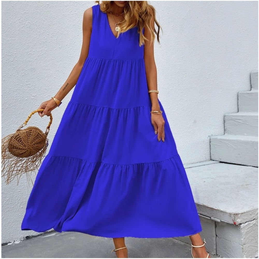 Boho Royal Blue Sleeveless Ruffle maxi Dress - Picture 12 of 14